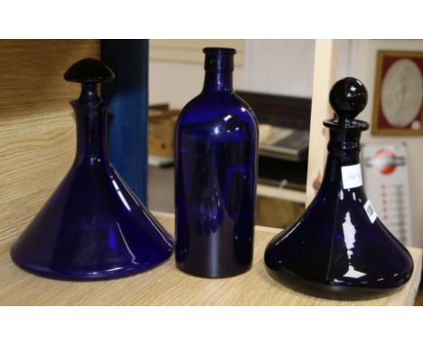 A Bristol blue ships decanter, another and a bottle