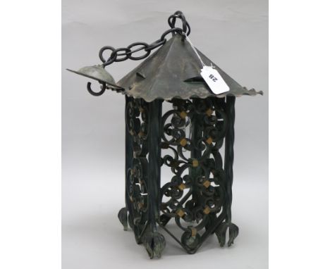 A wrought iron lantern and a Louis XV style gilt Chinese embroidered fire screen, W.84cm
