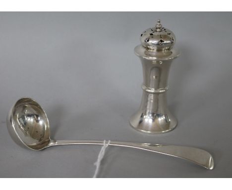 A George V pounce pot and a 19th century Scottish silver cream ladle.