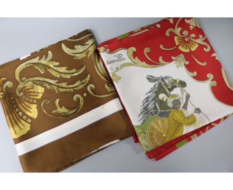 Two Hermes, Paris 'Cheval Turc' silk scarves, designed by Christiane Vauzelles, 1969, red/gold and brown/gold colourways, the