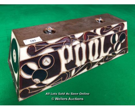 VINTAGE RESIN 8 BALL POOL TABLE LIGHT SHADE, MADE IN USA, APPROX. 71CM (L) X 27CM (W) X 22CM (H), NO BULBS OR BULB HOLDERS IN