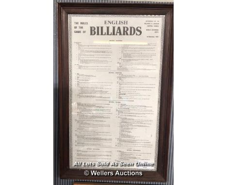 "THE RULES OF THE GAME OF ENGLISH BILLIARDS" FRAMED RULES IN HANGING PICTURE FRAME, AUTHORISED BY THE BILLIARDS &amp; SNOOKER