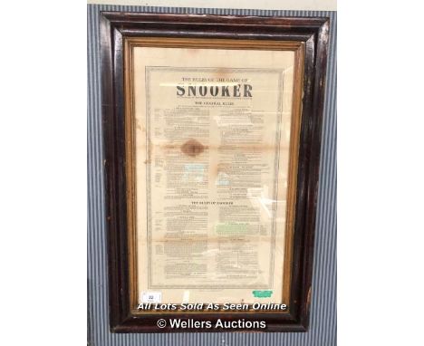 "THE RULES OF THE GAME OF SNOOKER" FRAMED RULES IN HANGING PICTURE FRAME, AUTHORISED BY THE BILLIARDS ASSOCIATION AND CONTROL