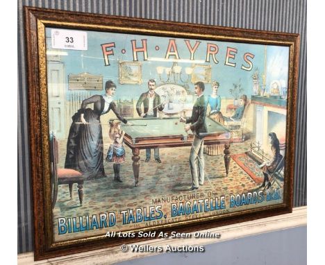 F.H. AYRES BILLIARD SCENE IN FRAME, MANUFACTURER OF BILLIARD TABLES, BAGATELLE BOARDS, APPROX. 64CM (W) X 46CM (H)