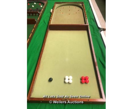 ANTIQUE FOLDING MAHOGANY BAGATELLE TABLE, SLATE BED, WITH FULL SET OF BALLS, APPROX. 244CM (L) X 68CM (W)