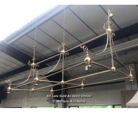 VINTAGE 6 LIGHT SNOOKER TABLE CHANDELIER, BRASS COLOURED, APPROX. 195CM (L) X 92CM (W)