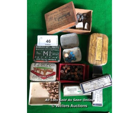 ASSORTMENT OF VINTAGE CUE TIPS IN BOXES AND TINS, INC. BURROUGHES &amp; WATTS