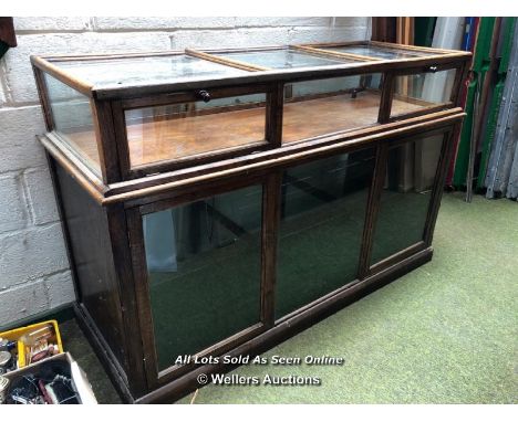 VINTAGE OAK HABERDASHERY GLASS SHOP COUNTER WITH 3 FOOT RULER, APPROX. 166CM (W) X 109CM (H) X 63CM (D)