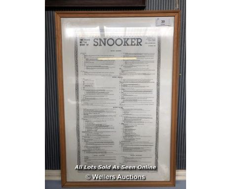 "THE RULES OF THE GAME OF SNOOKER" FRAMED RULES IN HANGING PICTURE FRAME, AUTHORISED BY THE BILLIARDS &amp; SNOOKER CONTROL C