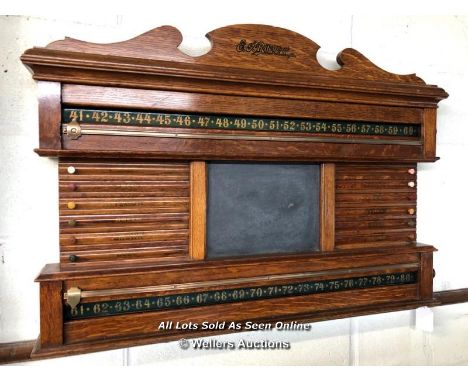 RILEY OF ACCRINGTON OAK SNOOKER LIFE POOL ROLLER, C.1910, MEDIUM OAK BILLIARD/LIFE POOL ROLLER SCOREBOARD WITH SHAPED &amp; W