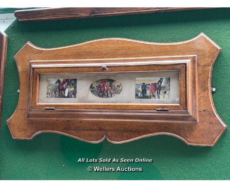 RILEY OF ACCRINGTON BILLIARDS OAK SCOREBOARD, DEPICTING X3 HUNTING IMAGES. SIZE - 78CM WIDE X 38CM HIGH.