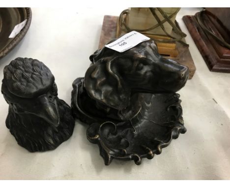 Two bronze inkwells in the form of a dog and an eagle