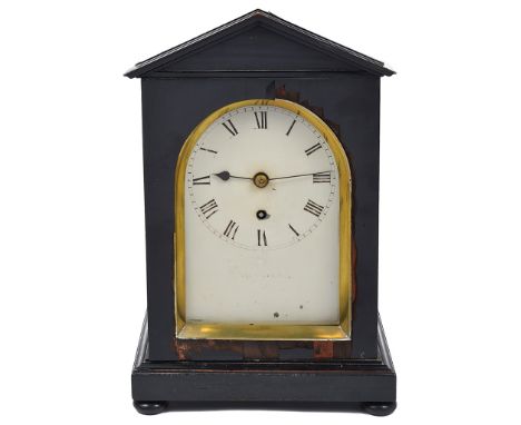 A 19th Century Dent Bracket Clock:A black lacquered architectural plain case on three bun feet with arched aperture amidst gi