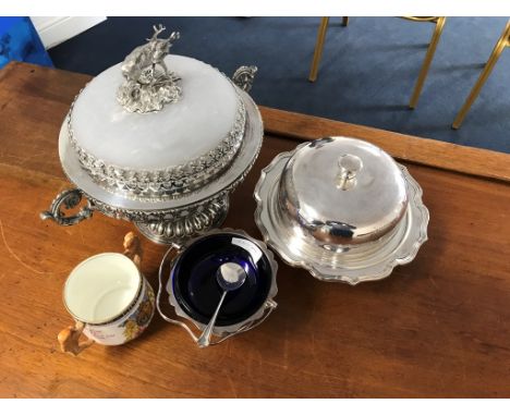 A quantity of EPNS to inc a glass lidded tazza with stag finial, an engraved golf prize, muffin dish (1926) etc