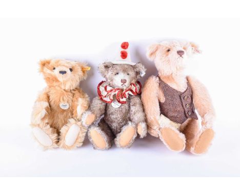 Three modern Steiff collectable teddy bears, comprising a 1926 Replica Teddy Clown, with squeaker, and original box, 38cm, a 