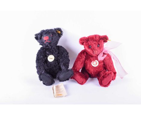 Two modern Steiff classic collector's bears, one a deep red colour, 001901, 26cm and a black bear with red stitched nose, 005