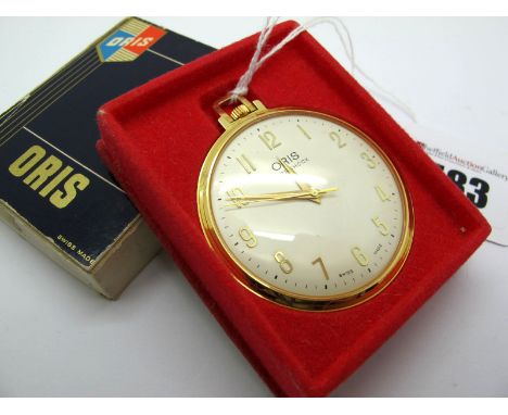 Oris; A Vintage Gold Plated Cased Openface Pocketwatch, the signed dial with Arabic numerals and centre seconds, the movement