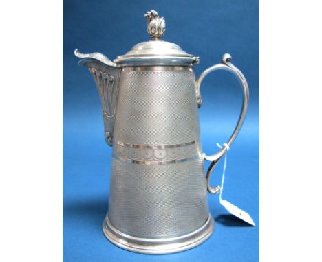 A c.XIX Century French Plated Flagon, of tapering cylindrical form, allover engine turned, with decorative spout, the hinged 