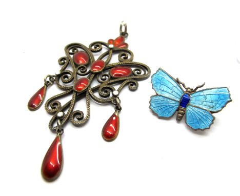 Marius Hammer; A Scandinavian Enamel Pendant, of openwork design, highlighted in red and white, suspending teardrops, stamped