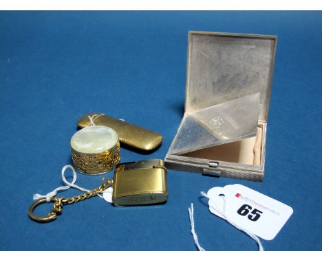 A Hallmarked Silver Powder Compact, allover engine turned; a brass type needle case etc