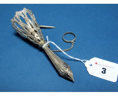 A Posy Holder, of geometric openwork design, with finger ring on chain suspension.
