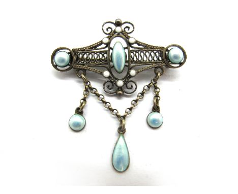 Marius Hammer; A Norwegian Enamel Brooch, of filigree style suspending three drops, stamped makers mark and "930S".
