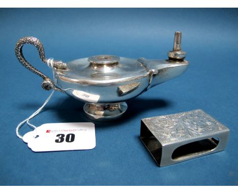 A Chester Hallmarked Silver Oil Lamp, SILd, Chester 1911, (lacking fitting) with textured serpent handle, on circular spreadi