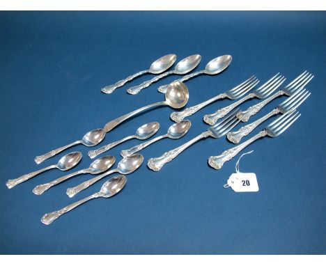 A Set of Six Decorative American Forks, stamped "Sterling PAT.1899"; eight American teaspoons, a hallmarked silver ladle, etc