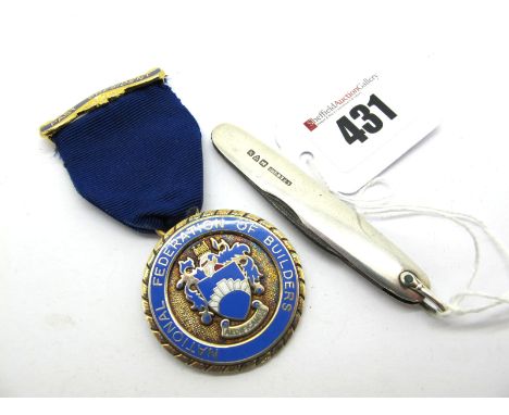A Hallmarked Silver and Enamel Medallion "National Federation of Builders", on blue ribbon suspension and "Past President" ba