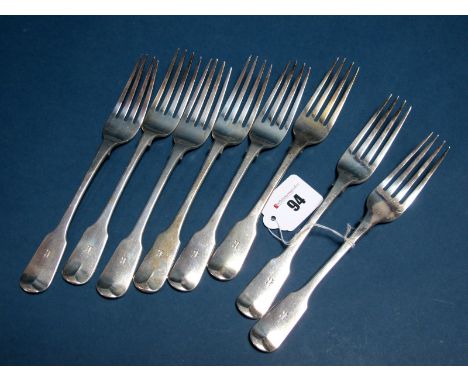 A Matched Set of Eight Hallmarked Silver Fiddle Pattern Table Forks, JB WW, London, IW, possibly Newcastle, initialled "R", t