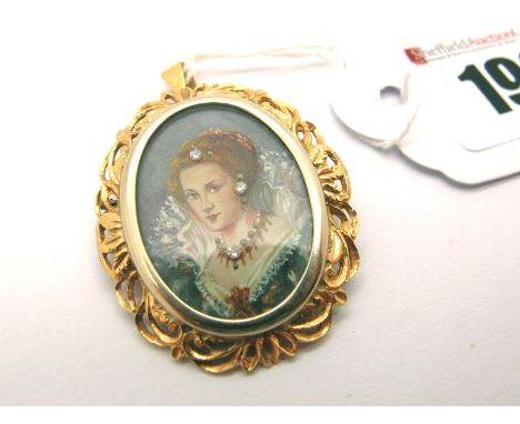 A Modern Continental Style Oval Portrait Miniature Pendant/Brooch, depicting Elizabethan style lady, within pierced oval fram