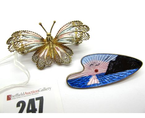 Aksel Holmsen; A Norwegian Enamel Brooch, depicting coastal scene, stamped "Norway Sterling 925S"; A Filigree Butterfly Brooc