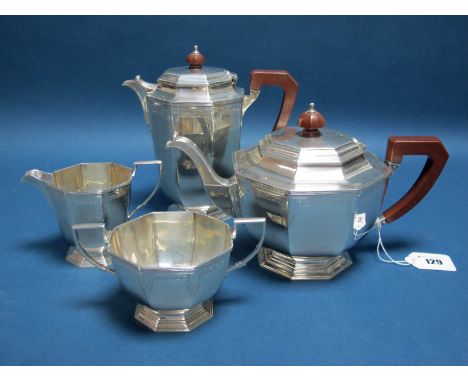 A Matched Hallmarked Silver Four Piece Tea Set, Mappin &amp; Webb, Sheffield 1937, 1938, each of octagonal form, with geometr