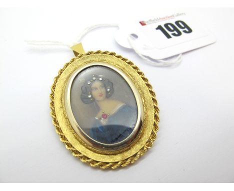 A Modern Continental Style Oval Portrait Miniature Pendant/Brooch, depicting lady wearing blue dress, within ropetwist and te