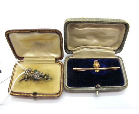 A c.Early XX Century Diamond Set Brooch, as two birds on a branch, set throughout with rose cut diamonds, highlighted in gree