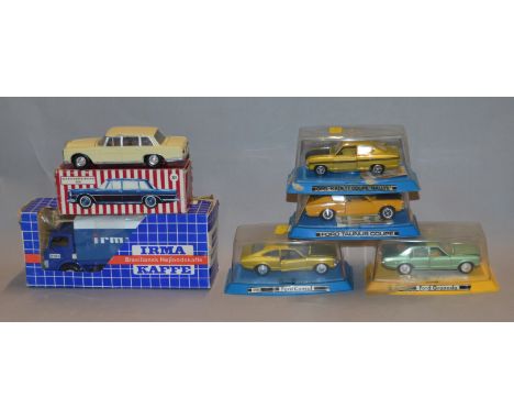 4 Gama diecast model cars together with an RW Model Mercedes and an IRMA KAFFE-BIL truck. all boxed. (6)