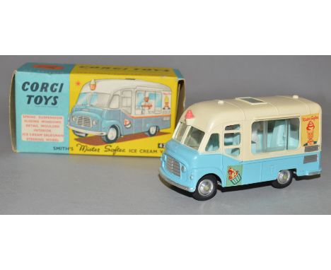 Corgi Toys #428 Smiths Mister Softee Ice-cream Van in cream and blue. With blue and yellow picture box.
