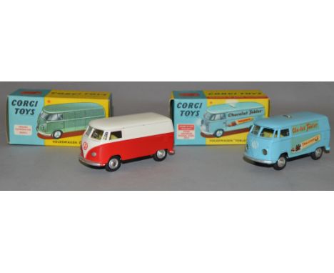 Two Corgi Toys, both Volkswagen vans: #433 Volkswagen Delivery Van in white and red with lemon interior; 441 Volkswagen Toble