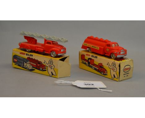 Two Lego Biler plastic vehicles: #1255 Bedford Fire Engine; #1250 Esso Bedford Tanker. Both boxed. (2)