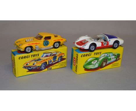 Two Corgi Toys: #337 Customized Chevrolet Corvette Sting Ray; #330 Porsche Carrera 6 in white with red doors, blue engine cov