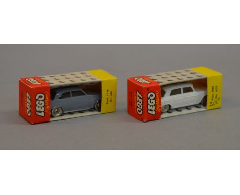 Two Lego System 1:87 scale plastic cars: #668 Ford 17 M in grey; #605 Fiat 1800 in white. Both boxed. (2) 