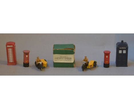 Two Dinky AA motorcycles together with a Police Box, Phone Box and two Pillar Boxes (with box for No.760 Half Dozen Pillar Bo