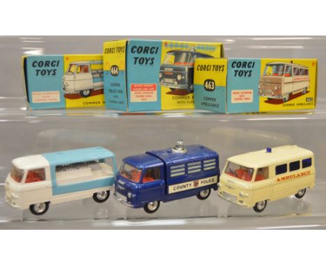 Three Corgi Toys, all Commer vehicles: #463 Ambulance; #464 Police Van; #466 Milk Float. All boxed. (3)