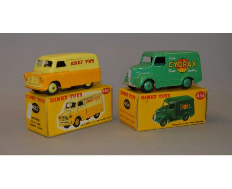 Two Dinky Toys: #482 Bedford 10 CWT Van 'Dinky Toys'; #454 Trojan 15 CWT Van 'Cydrax'. Both boxed. (2)