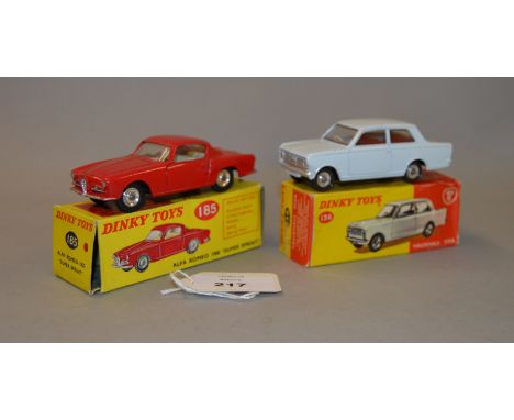 Two Dinky Toys: #136 Vauxhall Viva in white and  #185 Alfa Romeo 1900 Super Sprint. Both boxed. (2)