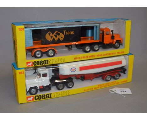 Two Corgi Major Toys: #1100 Mack Truck with Trans-Continental Trailer 'Trans'; #1152 Mack Truck with Closter Saro Articulated