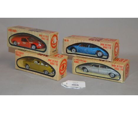 4 x Mebetoys cars (Made in Italy) all boxed. A39 Lotus Europa in red, A5 Autobianchi Primula in Gold, A37 NSU Ro 80 Wankel in