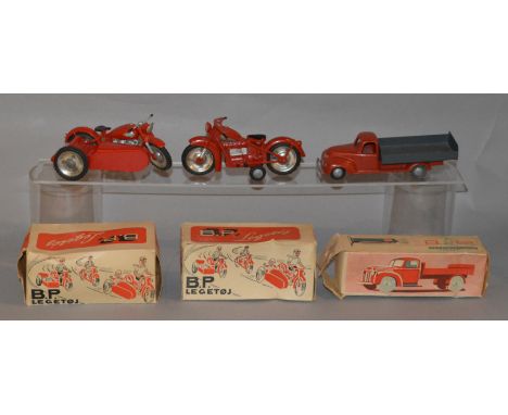 3 boxed BP Legetoj model vehicles.