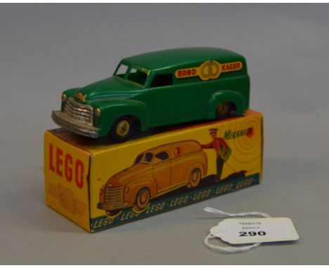 Early LEGO plastic friction powered green van model BROD KAGER. With original Chevrolet branded box. Length of model 13cm.