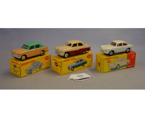 Three Dinky Toys: #144 Volkswagen 1500; #164 Vauxhall Cresta Saloon and  #175 Hillman Minx Saloon. All boxed. (3)